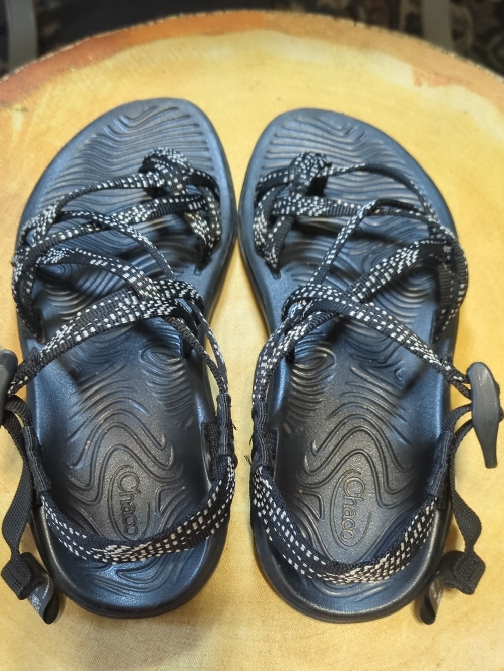 Chaco Black Strappy Webbing Sandals with White Accent